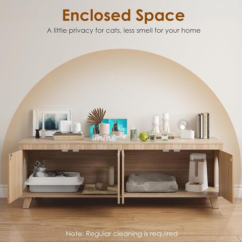 Double Hidden Cat Litter Box Enclosure Furniture Cabinet with Rattan Decorated Doors for Two Cats，Two Entrances in Saudi Arabia