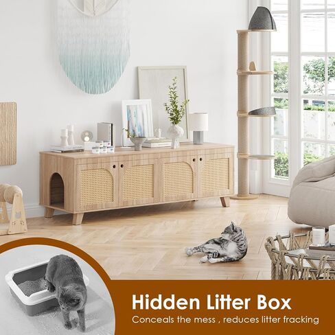 Double Hidden Cat Litter Box Enclosure Furniture Cabinet with Rattan Decorated Doors for Two Cats，Two Entrances in Saudi Arabia