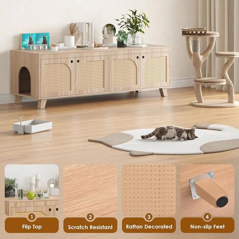 Double Hidden Cat Litter Box Enclosure Furniture Cabinet with Rattan Decorated Doors for Two Cats，Two Entrances in Saudi Arabia