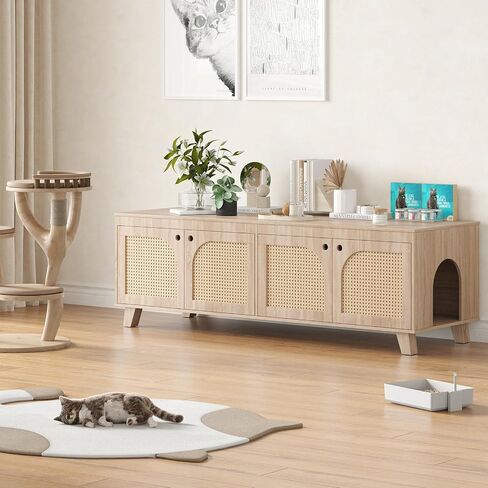 Double Hidden Cat Litter Box Enclosure Furniture Cabinet with Rattan Decorated Doors for Two Cats，Two Entrances in Saudi Arabia