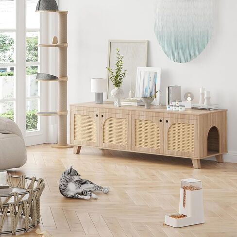 Double Hidden Cat Litter Box Enclosure Furniture Cabinet with Rattan Decorated Doors for Two Cats，Two Entrances in Saudi Arabia