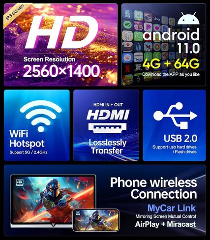 14 inch 4K Android 11 Portable Car TV Headrest Monitor Tablet for Back seat, Support Phone Wireless mirroring Touch Screen,with HDMI/Bluetooth/WiFi/USB/FM/AV in/Car Video Player (2G+32G (1*PC)) in Saudi Arabia