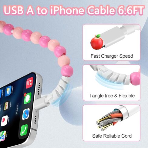 Coolden for iPhone Charger Cord 6.6 FT Charging Cable 66W iPhone Charger Fast Charging Stylish & Durable Beaded iPhone Charger Cable for iPhone 14 13 12 11 Pro Max XR XS Max iPad Pro/Air/Mini Pink in Saudi Arabia
