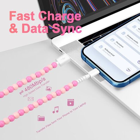 Coolden for iPhone Charger Cord 6.6 FT Charging Cable 66W iPhone Charger Fast Charging Stylish & Durable Beaded iPhone Charger Cable for iPhone 14 13 12 11 Pro Max XR XS Max iPad Pro/Air/Mini Pink in Saudi Arabia