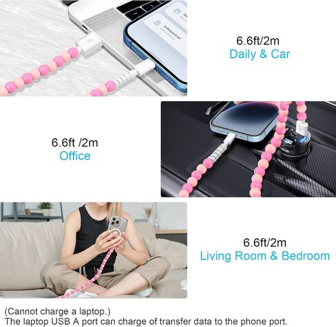 Coolden for iPhone Charger Cord 6.6 FT Charging Cable 66W iPhone Charger Fast Charging Stylish & Durable Beaded iPhone Charger Cable for iPhone 14 13 12 11 Pro Max XR XS Max iPad Pro/Air/Mini Pink in Saudi Arabia