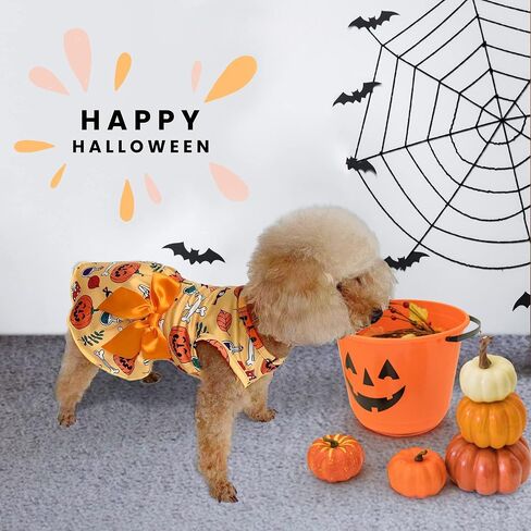 2pcs Halloween Dog Dresses, Girl Dog Costumes Pumpkin Puppy Clothes and Skeleton Outfit with Bowknot Cosplay Apparel Outfits for Small Medium Large Dog Cat Pet(M) in Saudi Arabia