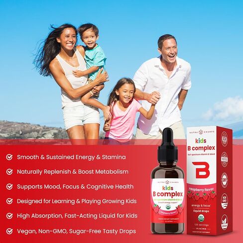NutraChamps Vitamin B Complex Liquid Drops | B Vitamins Complex Supplement with B1, B2, B3, B6, B7, B9 & Methyl B12 Drops for Adults & Kids | Vegan Berry Flavor 2oz | 60 Servings / 2 Month Supply in Kuwait