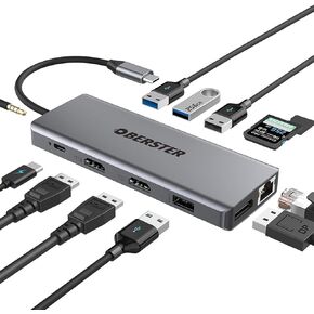 موزع USB C ثلاثي العرض مع 2 HDMI، DP، 100W PD، 2 USB 3.0، 2 USB 2.0، إيثرنت، قارئ بطاقات SD/TF، ​​ميكروفون/صوت OBERSTER 12 في 1 محول USB C لأجهزة Mac وWindows والمزيد in Kuwait