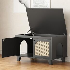 Flip Top Hidden Cat Litter Box Enclosure Furniture Cabinet with Rattan Decorated Doors for Your Home，Two Entrances