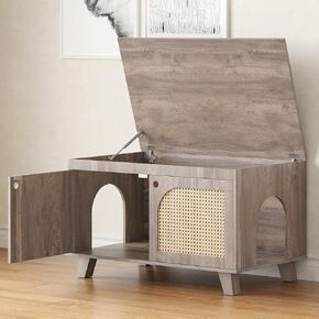 Flip Top Hidden Cat Litter Box Enclosure Furniture Cabinet with Rattan Decorated Doors for Your Home，Two Entrances