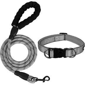 Dog Collar and Leash Set, Reflective Dog Collar Heavy Duty Dog Leash, Adjustable Soft Neoprene Padded Nylon Pet Collars, Comfortable Padded Handle, for Small Medium Large Dogs, 5FT (Blue, Large)