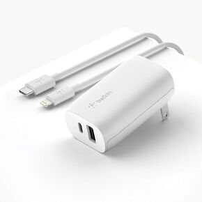 Belkin Wall Charger 32W C to Lightning Cable Included PD with 20W usb c & 12W USB A Ports for USB-C Power Delivery Compatible with iPhone 12, 12 pro, 12 pro Max, iPad, AirPods and More
