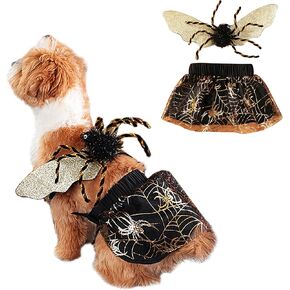 Halloween Dog Costume with Spider Web Skirt and Glitter Wings, Pet Dress for Small Dogs, Fun Halloween Outfit for Parties and Cosplay
