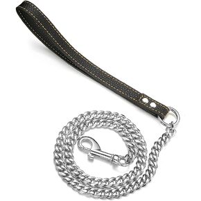 Dog Chain Leash, Stainless Steel Metal Link Training Leash Width 11/15MM Length 3/4/5FT Silver Cuban Chain, with Genuine Leather Padded Handle, for Large/Medium/Small Dogs (15mm, 5FT)