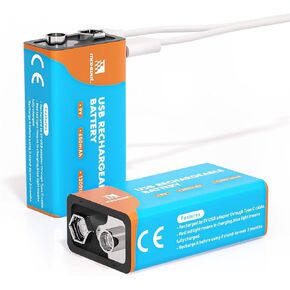 USB 9V Rechargeable Battery- 9 Volt High Capacity 650mAh Square Lithium Batteries with Type C Port Cable for Smoke Alarm Detector,Wireless Microphones & More (2-Pack)