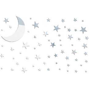 Silver Stars Moon Acrylic Mirror Wall Stickers 3 Sizes Stars Stickers with Adhesive Art Decal 3D Wall Decorations for Women and Man Bedroom Home DIY Decor Stickers