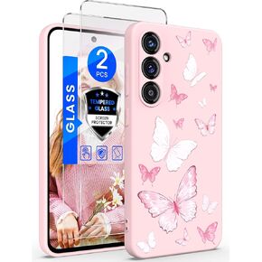 for Samsung Galaxy S24 FE 5G Case with 2X Screen Protector, Girls Women Florals Liquid Silicone Phone Case, Shockproof Anti-Scratch Soft Protection Case for Galaxy S24 FE 5G (Purple)
