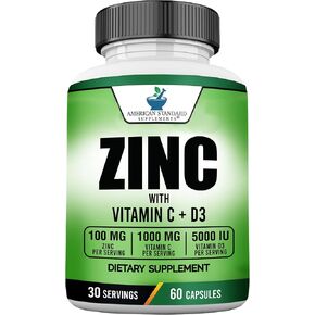 Zinc 100mg, Vitamin C 1000mg, Vitamin D 5000IU per Serving, Immune Support for Adults, Immune System Booster Supplements, Non GMO, No Filler, No Stearate, 120 Vegan Capsules, 60 Day Supply