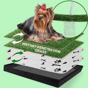 MEEXPAWS Dog Grass Pad with Tray/Foldable Liner Base Extra Large, Dog Litter Box Artificial Grass Pee Pad for Indoor Dog Potty, Odor Free Instant-Penetration Hemmed Edge Dog Potty Grass, Reusable Pad