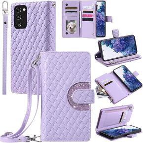 Phone Case for Samsung Galaxy S20 FE 5G 6.5 inch Wallet Cover with and Crossbody Wrist Strap Shoulder Strap Zipper Purse Leather Stand S 20 EF UW S20FE5G S20FE 20S S2O Fan Edition 4G G5 Purple