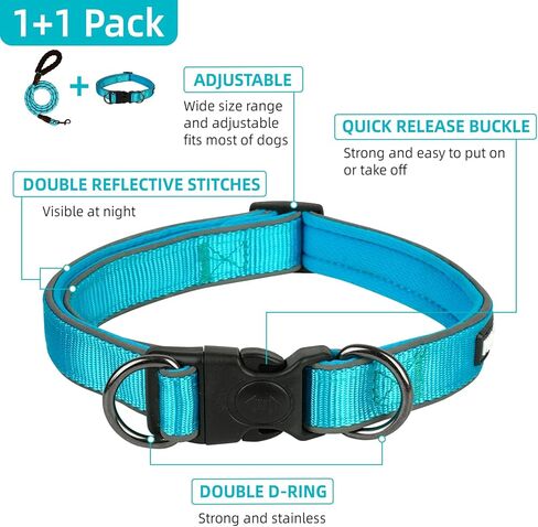 Dog Collar and Leash Set, Reflective Dog Collar Heavy Duty Dog Leash, Adjustable Soft Neoprene Padded Nylon Pet Collars, Comfortable Padded Handle, for Small Medium Large Dogs, 5FT (Blue, Large) in Saudi Arabia