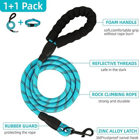 Dog Collar and Leash Set, Reflective Dog Collar Heavy Duty Dog Leash, Adjustable Soft Neoprene Padded Nylon Pet Collars, Comfortable Padded Handle, for Small Medium Large Dogs, 5FT (Blue, Large) in Saudi Arabia