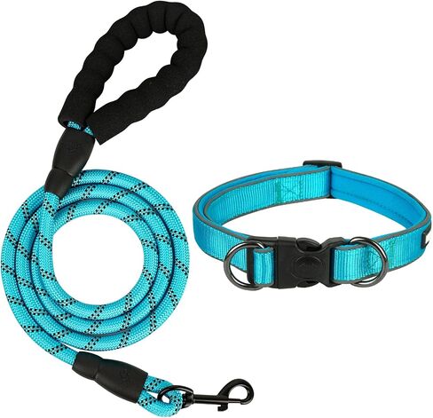 Dog Collar and Leash Set, Reflective Dog Collar Heavy Duty Dog Leash, Adjustable Soft Neoprene Padded Nylon Pet Collars, Comfortable Padded Handle, for Small Medium Large Dogs, 5FT (Blue, Large) in Saudi Arabia