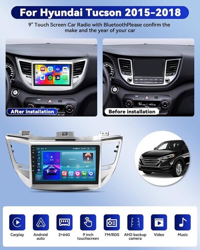 CAMECHO 2+64G Android 13 Car Stereo for Hyundai Tucson 2015-2018, Wireless CarPlay Radio & Android Auto Car Radio, 9" Touch Screen in-Dash GPS with Bluetooth WiFi RDS SWC Mirror Link in Saudi Arabia