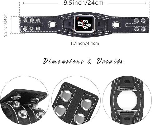 سوار جلدي عريض متوافق مع Apple Watch Series 9 8 7 6 5 4 3 2 Ultra SE 49mm 45mm 44mm 40mm 38mm 41mm 42mm Band للرجال والنساء Gothic، Punk Goth Military سوار ساعة ذكية لأحزمة iWatch in Kuwait
