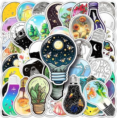 Light Bulb World Stickers - 50 Pcs Light Bulb Stickers for Laptop, Water Bottles, Scrapbooking, Phone - All Things in The World in The Light Bulb Decoration Stickers Gifts for Kids, Teens, Adults in Saudi Arabia