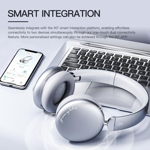 iKF E1 Over Ear Bluetooth Headphones,Wireless/Wired Headset,Up to 90H Playback with Quick Charge,Stereo Sound,Customize EQ Via App, Built-in Mic,Multipoint Connection for Workout Game TV（Silvery） in Saudi Arabia