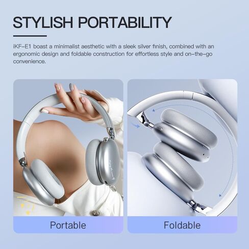 iKF E1 Over Ear Bluetooth Headphones,Wireless/Wired Headset,Up to 90H Playback with Quick Charge,Stereo Sound,Customize EQ Via App, Built-in Mic,Multipoint Connection for Workout Game TV（Silvery） in Saudi Arabia