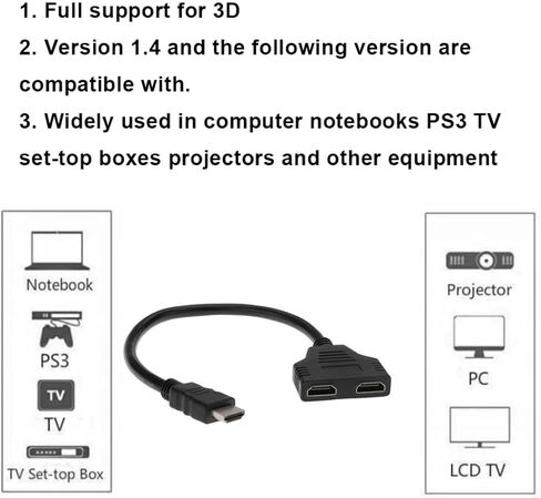 HD Splitter Cable 2 Port Male to Female 1 Input 2 Output Cable Adapter 1080P Converter Dual HD Switch HDMI in Saudi Arabia
