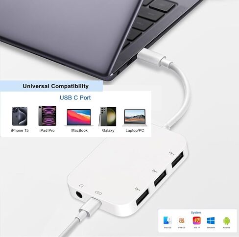محول مقبس سماعة الرأس USB C إلى 3.5 مم Aux مع منفذ شحن، [معتمد من MFi] محور كاميرا USB OTG متعدد + محول 3.5 مم سماعة أذن جاك iPhone Dongle لهاتف iPhone 16 Galaxy، iPad، محرك فلاش in Kuwait