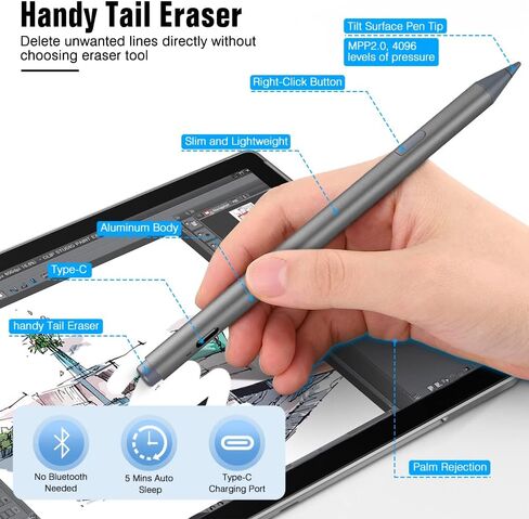 MoKo Stylus Pen for Surface, Fast Charge Surface Pen for Microsoft Surface Pro 9/8/X/7/6/5/4/3 Surface 3/Go/Book/Laptop/Studio, MPP2.0 & 4096 Pressure Tilt Digital Pen, Magnetic and Palm Rejection in Saudi Arabia