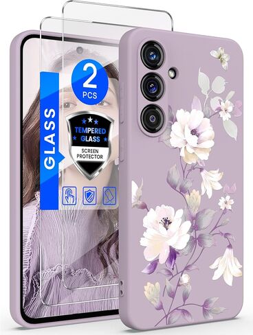 for Samsung Galaxy S24 FE 5G Case with 2X Screen Protector, Girls Women Florals Liquid Silicone Phone Case, Shockproof Anti-Scratch Soft Protection Case for Galaxy S24 FE 5G (Purple) in Kuwait