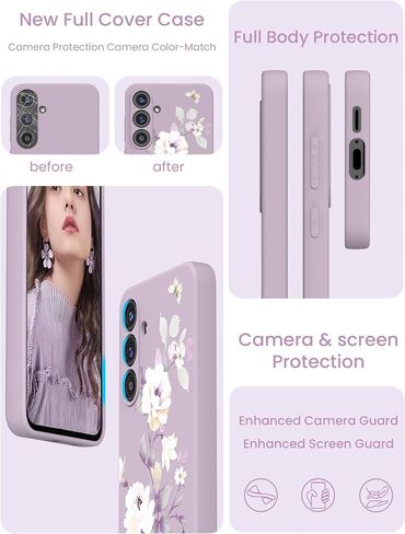 for Samsung Galaxy S24 FE 5G Case with 2X Screen Protector, Girls Women Florals Liquid Silicone Phone Case, Shockproof Anti-Scratch Soft Protection Case for Galaxy S24 FE 5G (Purple) in Kuwait