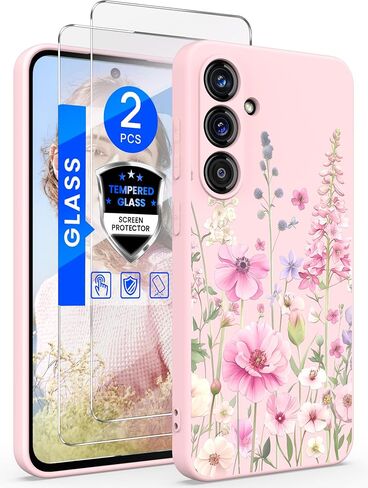 for Samsung Galaxy S24 FE 5G Case with 2X Screen Protector, Girls Women Florals Liquid Silicone Phone Case, Shockproof Anti-Scratch Soft Protection Case for Galaxy S24 FE 5G (Purple) in Kuwait