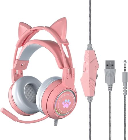 Lomiluskr Cute Cat Ear Headset with Mic, Wired Over Ear Headset, Detachable Cat Ears, Neon Light Effect, Adaptive Headband, 50mm Speaker, Single 3.5mm Plug, Compatible with PC, Laptop (Pink) in Saudi Arabia