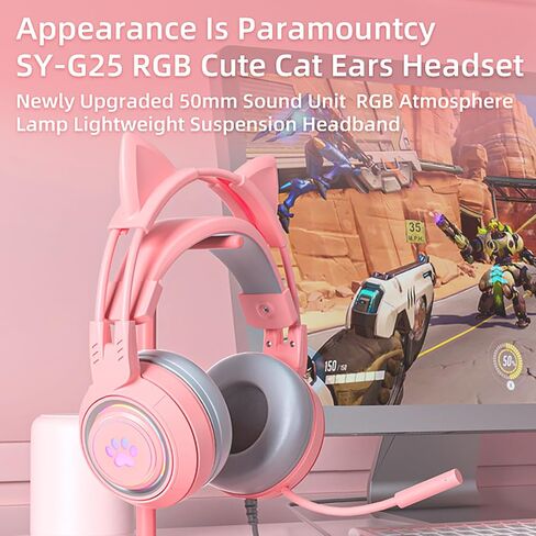 Lomiluskr Cute Cat Ear Headset with Mic, Wired Over Ear Headset, Detachable Cat Ears, Neon Light Effect, Adaptive Headband, 50mm Speaker, Single 3.5mm Plug, Compatible with PC, Laptop (Pink) in Saudi Arabia
