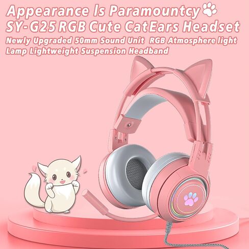 Lomiluskr Cute Cat Ear Headset with Mic, Wired Over Ear Headset, Detachable Cat Ears, Neon Light Effect, Adaptive Headband, 50mm Speaker, Single 3.5mm Plug, Compatible with PC, Laptop (Pink) in Saudi Arabia