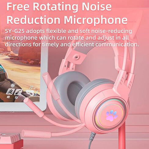 Lomiluskr Cute Cat Ear Headset with Mic, Wired Over Ear Headset, Detachable Cat Ears, Neon Light Effect, Adaptive Headband, 50mm Speaker, Single 3.5mm Plug, Compatible with PC, Laptop (Pink) in Saudi Arabia