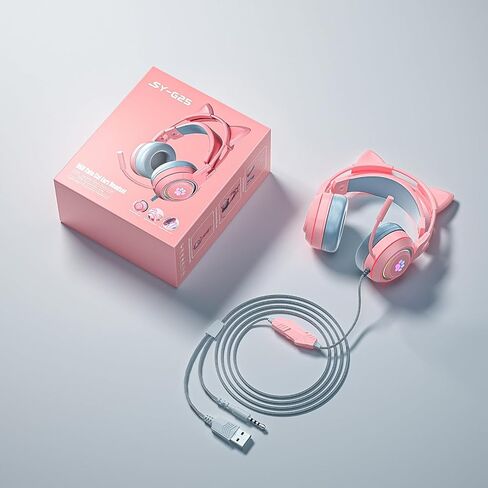 Lomiluskr Cute Cat Ear Headset with Mic, Wired Over Ear Headset, Detachable Cat Ears, Neon Light Effect, Adaptive Headband, 50mm Speaker, Single 3.5mm Plug, Compatible with PC, Laptop (Pink) in Saudi Arabia