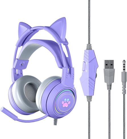سماعة أذن Lomiluskr Cute Cat مع ميكروفون، سماعة رأس سلكية فوق الأذن، آذان قطط قابلة للفصل، تأثير ضوء النيون، عصابة رأس متكيفة، مكبر صوت 50 مم، قابس فردي 3.5 مم، متوافقة مع الكمبيوتر الشخصي والكمبيوتر المحمول (وردي) in Kuwait
