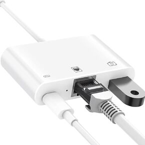 محول Lightning إلى Ethernet مع الشحن، محول شبكة RJ45 إلى Lightning Ethernet LAN، متوافق مع iPhone 14 13 12 11/iPad، يدعم إيثرنت عالي السرعة بسرعة 100 ميجابت في الثانية