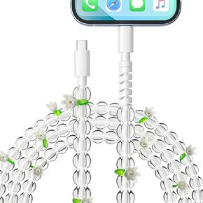 WESADN for iPhone Charging Cable (1 m) USB-C to 60W Fast Charging Cable White Flower Beaded USB Type C Charging Cord 3.3FT for iPhone 14 Plus 14 Pro Max 13 12 11 Xr Xs 10 8 7 6 for iPad,Clear White