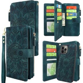 Harryshell Compatible with iPhone 12 Pro Max 6.7 Case Wallet Detachable Magnetic Zipper Leather Cash Pocket 12 Card Slots Holder Wrist Strap Designed for iPhone 12 Pro Max 6.7 inch (Floral Wine Red)