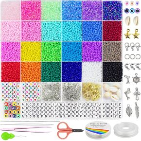 Redtwo 8000pcs 3mm Glass Seed Beads for Bracelet Making Kit, Small Beads Friendship Jewelry Making Kit, Tiny Waist Beads Kit with Letter Beads and Elastic String, DIY Art Craft Girls Gifts