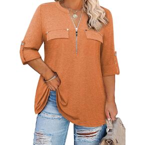 Siddhe Women 3/4 Sleeve Plus Size Tunics Zip Front V-Neck Tops Casual Loose Fit T Shirt Blouse
