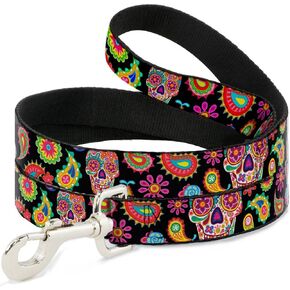 Dog Leash Bobo Sugar Skull Paisley Black Multi Color 6 Feet Long 0.5 Inch Wide